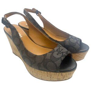 Coach Ferry Wedge Sandals Ladies Size 7B Black Logo Print Peep Toe